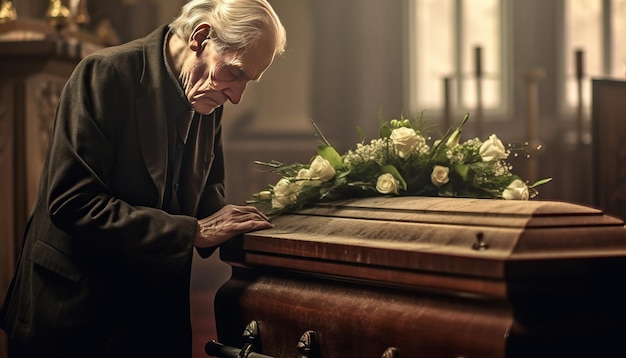 Photo le grand-père pleure à côté du cercueil les larmes et le chagrin en adieu