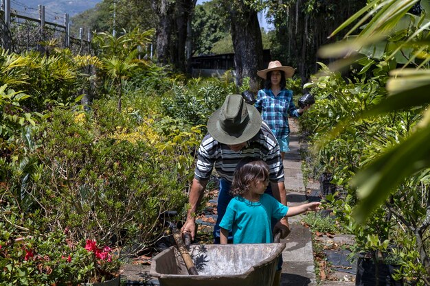 Grand-père avec sa fille et son petit-fils latino-américain travaillant dans les buissons