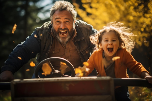 Un grand-père et sa sœur poussent une petite fille dans une brouette.