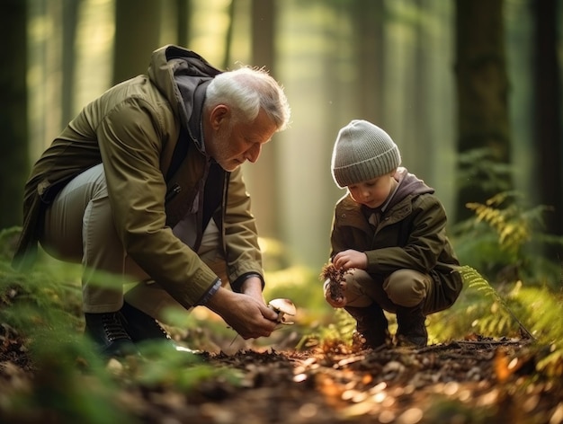 Grand-père avec son petit-fils à la recherche de champignons dans la forêt générative d'IA