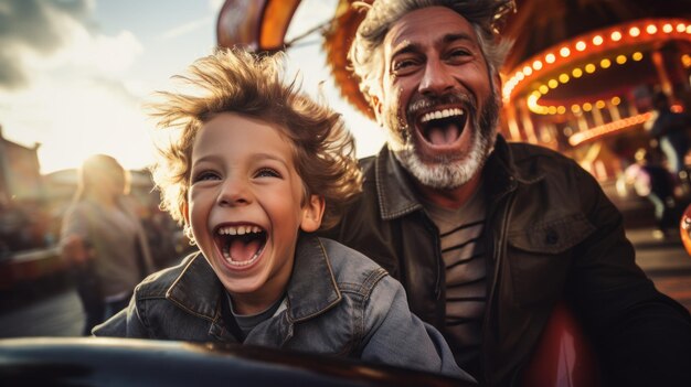 Un grand-père et son petit-fils sourient et s'amusent en conduisant une voiture de pare-chocs dans un parc d'attractions.
