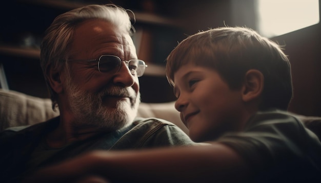 Grand-père souriant embrassant son petit-fils profitant d'une activité de loisirs générée par l'IA