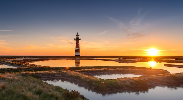 Grand phare au milieu d'un grand lac en haute définition