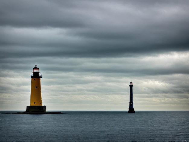 Grand phare à la mer du Nord sous un ciel nuageux