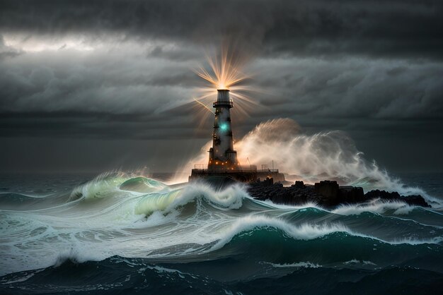 Photo grand phare sur la mer du nord sous un ciel nuageux