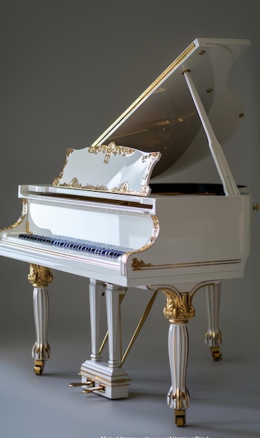 Un grand piano blanc luxueux avec des accents dorés.