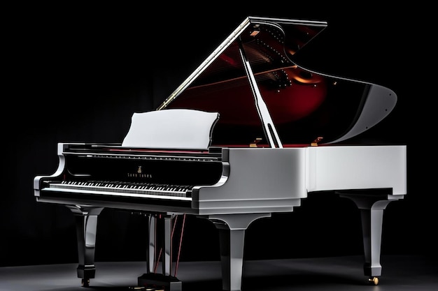 un grand piano blanc avec un piano rouge en arrière-plan