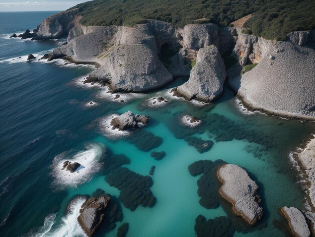 Photo un grand plan d'eau à côté d'une côte rocheuse couleur photo aérienne drone océan et paysage rocheux