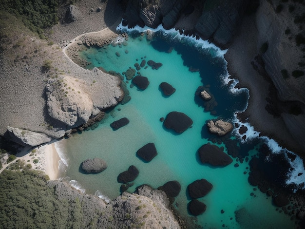 Photo un grand plan d'eau à côté d'une côte rocheuse couleur photo aérienne drone océan et paysage rocheux