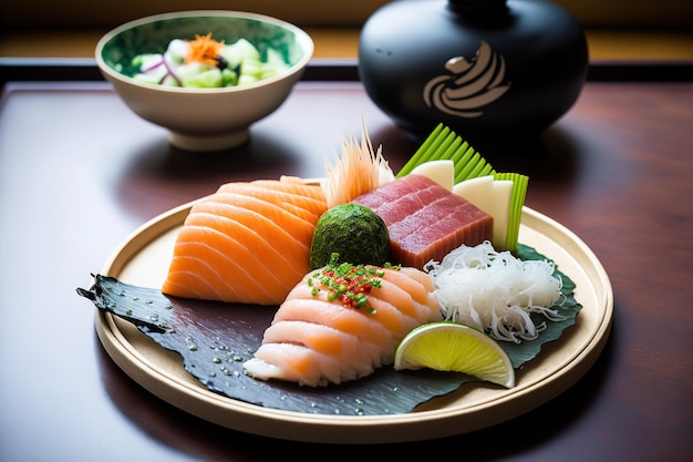 Grand plateau de sashimi avec pâte de wasabi sur le côté présenté dans le cadre d'un buffet dans un restaurant japonais