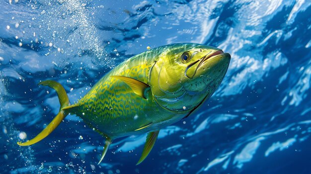 Photo un grand poisson mahimahi vibrant nage dans l'océan bleu profond ses écailles vertes jaunes et bleues brillent à la lumière du soleil