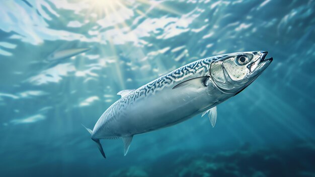 Un grand poisson nage dans la mer bleue profonde Le soleil brille à travers l'eau et éclaire les écailles du poisson