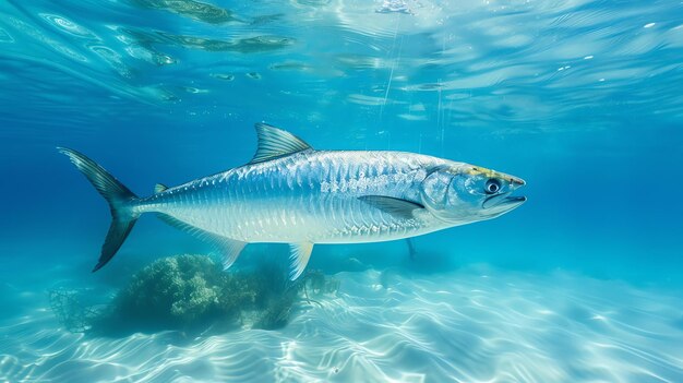 Photo un grand poisson nage dans l'océan bleu clair le soleil brille sur le poisson faisant briller ses écailles