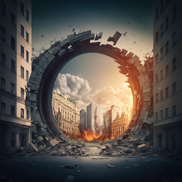 Un grand portail de téléportation au milieu d'une ville détruite par l'illustration 3d de l'apocalypse
