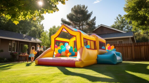 Un grand porte-balles gonflable se dresse majestueusement dans une cour animée, prête pour les enfants à sauter et à jouer.