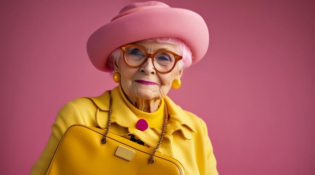 Grand portrait d'une vieille femme aux lunettes jaunes sur fond rose