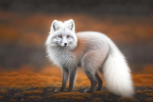 Grand renard arctique pelucheux avec la belle queue orange