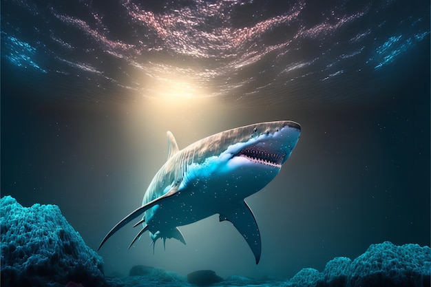 Un grand requin blanc en 3D a rendu l'illustration dans la mer sous l'eau Generative Ai