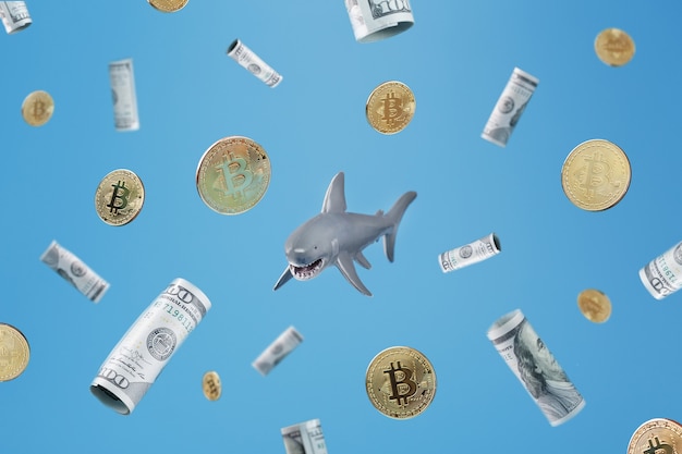 Un grand requin blanc autour de la crypto-monnaie et de l'argent sur fond bleu. Image métaphorique conceptuelle des requins dangereux des affaires et de l'investissement Forex