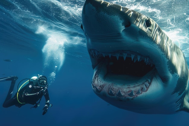 Un grand requin blanc avec la bouche ouverte attaque un plongeur.