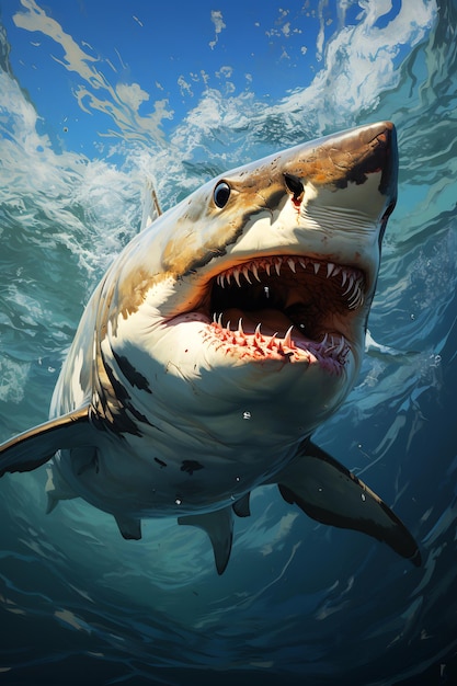 Grand requin blanc avec la gueule ouverte dans l'eau IA générative