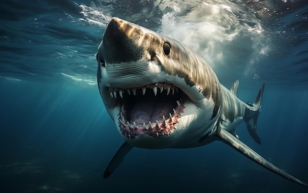 Un grand requin blanc majestueux affichant ses mâchoires impressionnantes dans une pose puissante AI