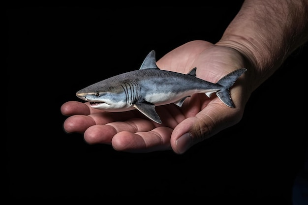 Grand requin blanc minuscule plus petit animal du monde debout sur la main humaine illustration générative ai