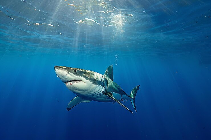 Photo un grand requin blanc nageant dans l'océan bleu profond les rayons du soleil brillant à travers la surface de l'eau au-dessus