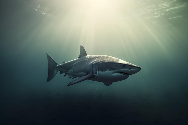 Un grand requin blanc posant dans l'eau bleue profonde généré par le réseau neuronal.