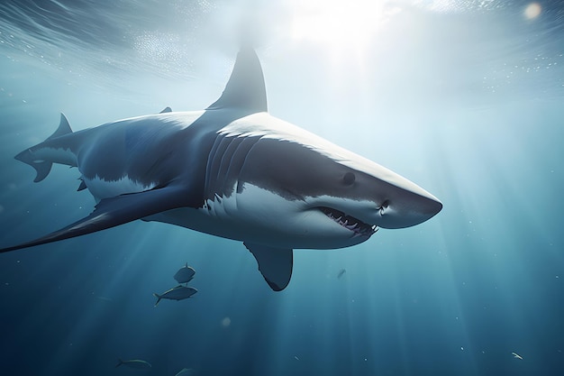 Grand requin blanc posant dans le réseau de neurones d'eau bleue profonde généré par ai