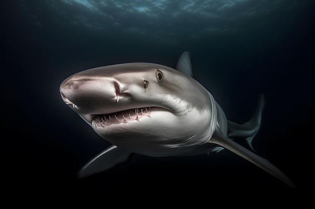 Grand requin blanc posant dans le réseau de neurones d'eau bleue profonde généré par ai