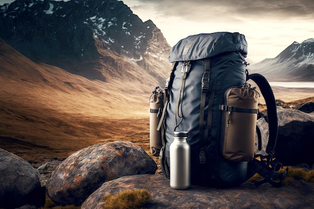 Grand sac à dos de voyage de randonnée avec thermos sur pierre sur fond de montagnes