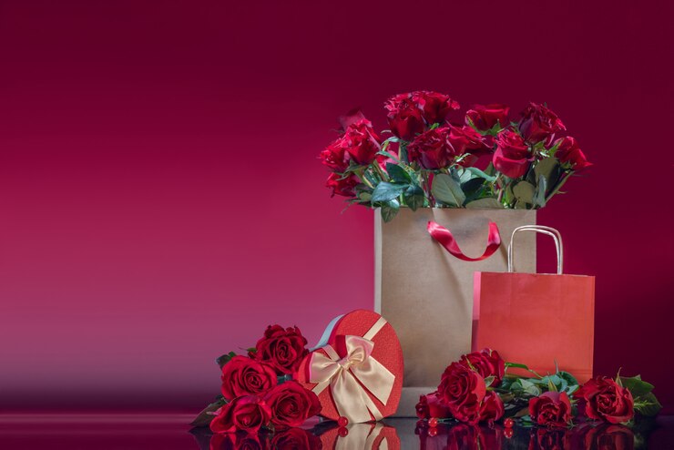 Un grand sac rempli de roses rouges boîte cadeau en forme de coeur perles roses sur une surface miroir