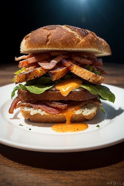 Un grand sandwich au bacon et à l'œuf sur une assiette.