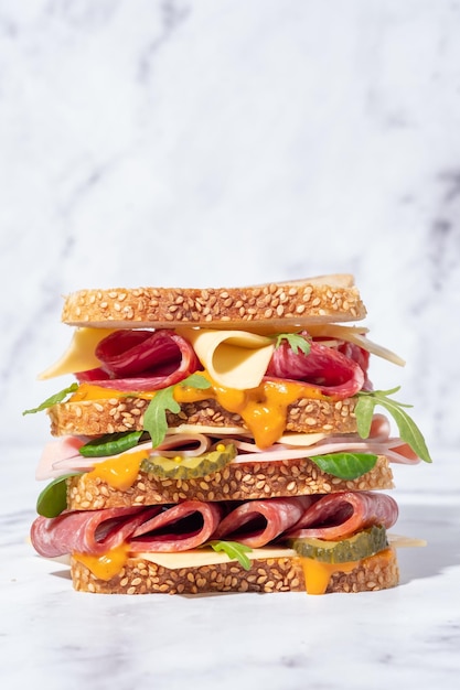 Grand sandwich savoureux avec du fromage de salade de salami de jambon et des tomates