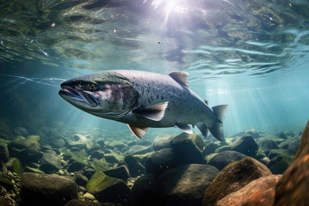 Grand saumon nageant dans l'eau de l'aquarium avec les rayons du soleil Capture sous-marine professionnelle d'un saumon à la recherche de nourriture