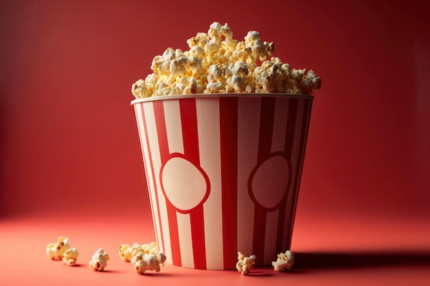 Grand seau de pop-corn rayé rouge et blanc classique sur fond rouge sans fin Concept de salle de cinéma
