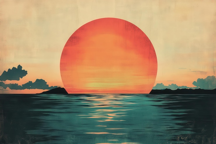 Photo un grand soleil orange qui se couche sur un océan calme avec des îles en silhouette