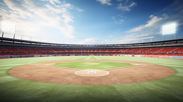 Grand stade de baseball, champ de diamant, vue sur la lumière du jour, bâtiment sportif public moderne