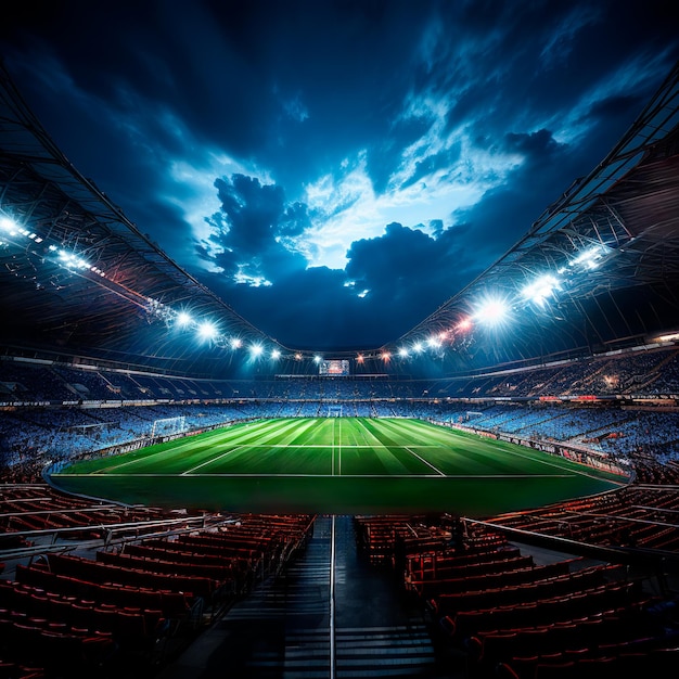 un grand stade de football avec un terrain et une pelouse verte beaucoup d'éclairage très beau