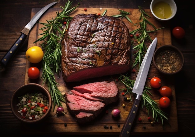 Grand steak rôti avec des tranches sur une planche de bois avec un couteau et du romarin et divers légumes