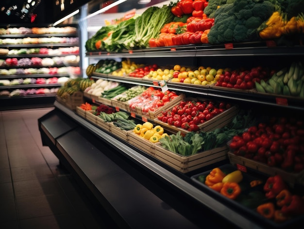 Un grand supermarché a une large allée pleine de fruits et légumes éclairés par des ampoules AI générative