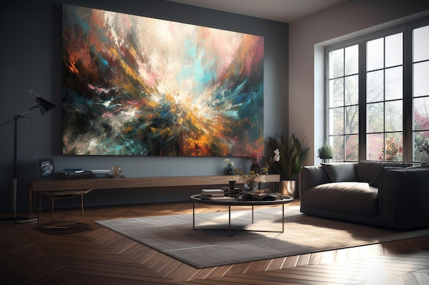 Un grand tableau est accroché dans un salon avec un canapé et une table basse.