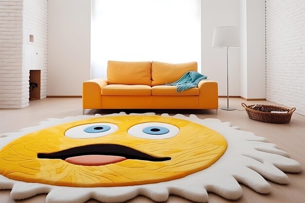 Un grand tapis jaune en forme d'emoji ou de soleil est posé sur le sol à côté d'un canapé orange
