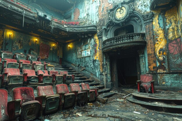 Un grand théâtre avec des sièges de velours fanés et une scène poussiéreuse