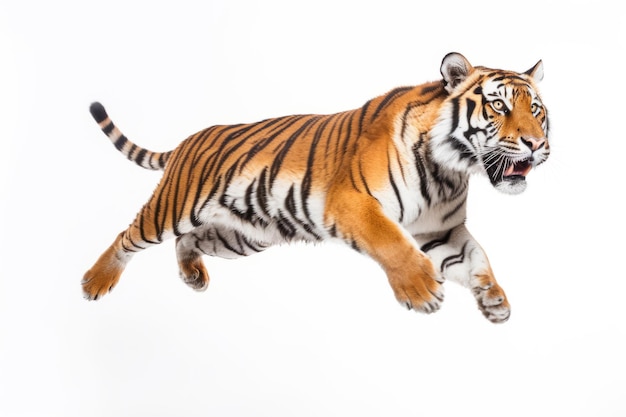 Grand tigre sautant isolé sur blanc