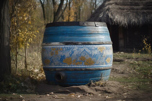 Un grand tonneau bleu rempli d'eau ukrainienne Generative AI