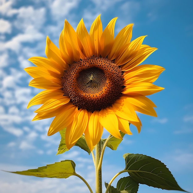 Un grand tournesol jaune avec un ciel bleu derrière lui.