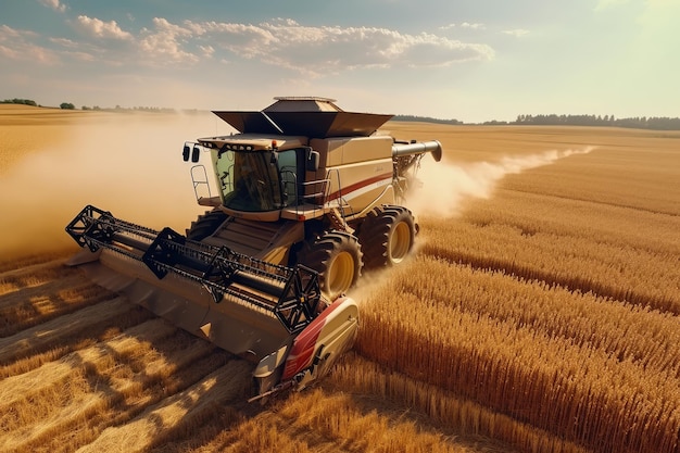 Grand tracteur rural puissant avançant à travers les plantations de blé pour une récolte à haute productivité AI générative