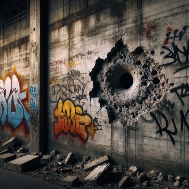 Photo un grand trou de balle sur un vieux mur de ciment